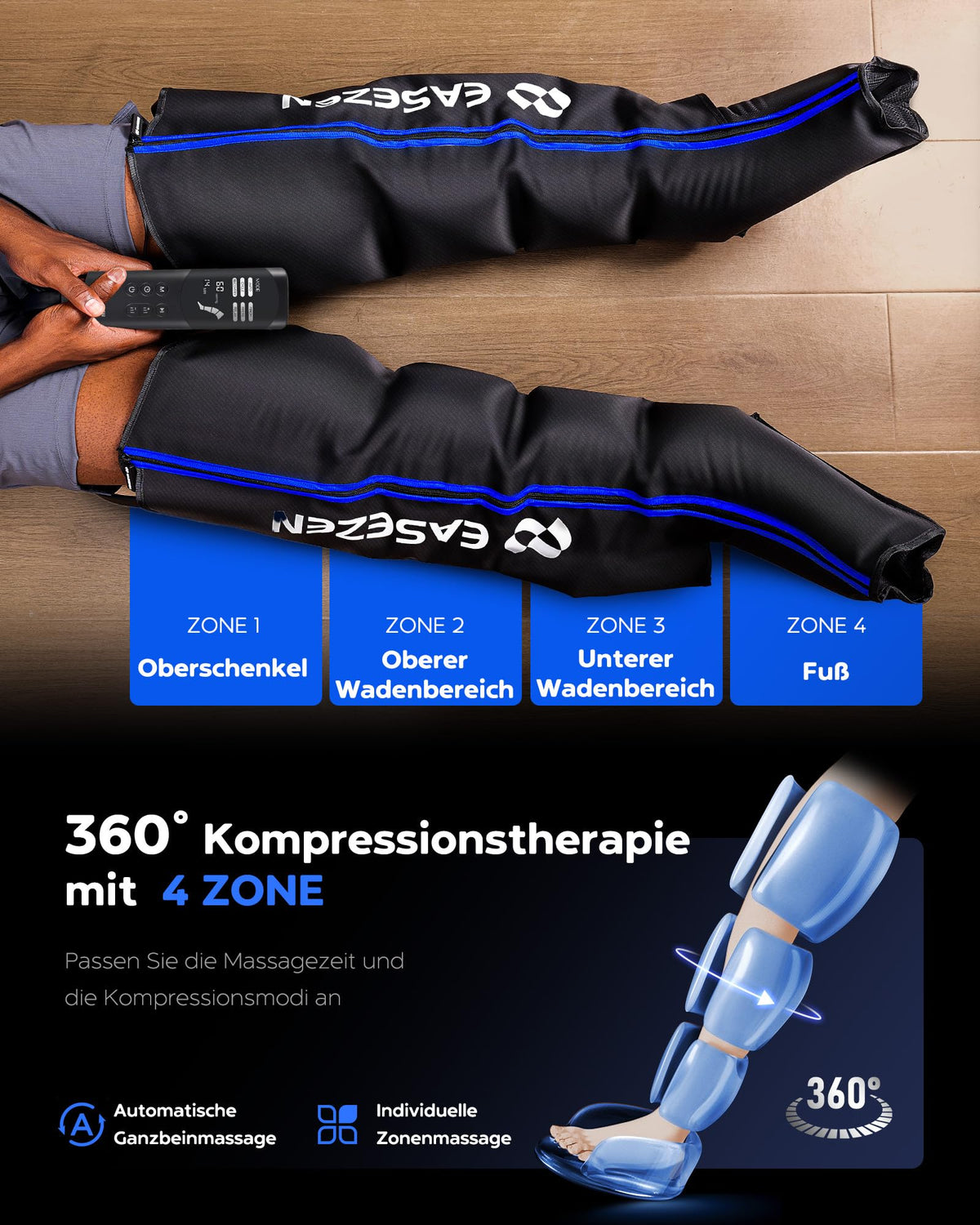 Luftkompressions-Beinmassagegerät Größe M für Fuß Wade Oberschenkel mit 6 Modi und 11 Intensitäten