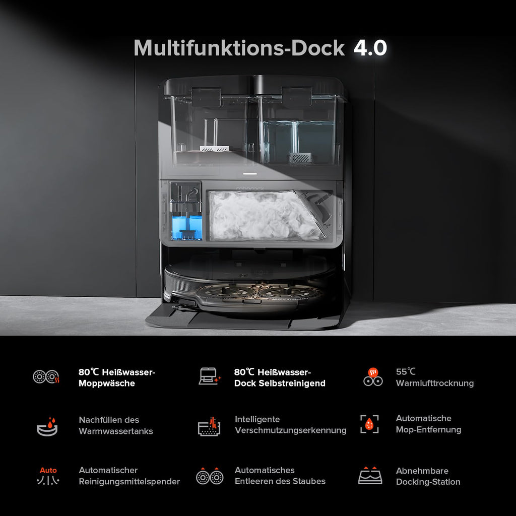 Saugroboter mit Wischfunktion Saros 10R Set, 7,98 cm ultraflach, Zero-Tangle-System und 10-in-1-Dockingstation