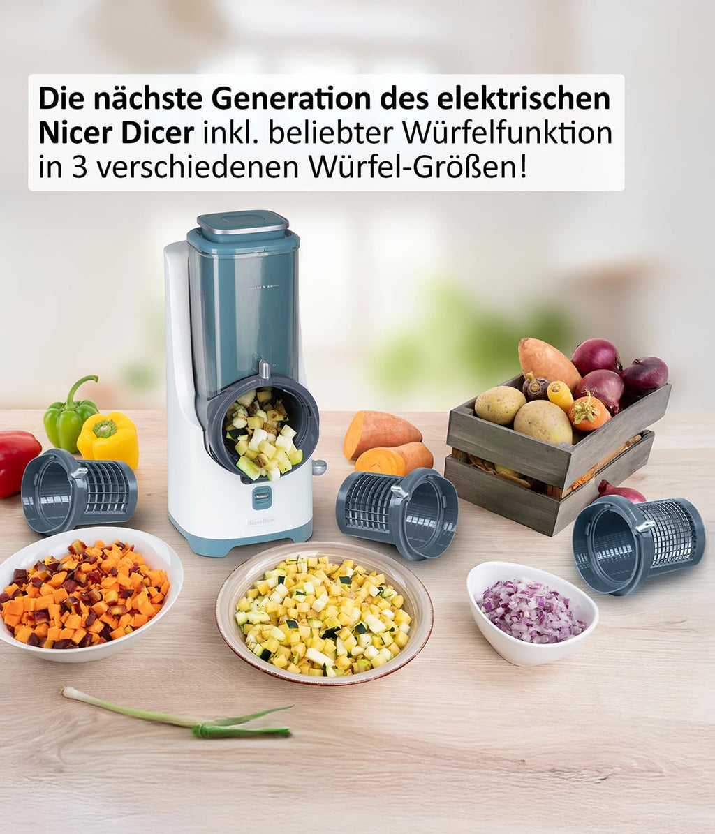 Elektrischer Gemüseschneider Nicer Dicer Electro PRO Set 32-teilig in Sage mit 9 Einsätzen zum Reiben, Hobeln, Würfeln und Schneiden