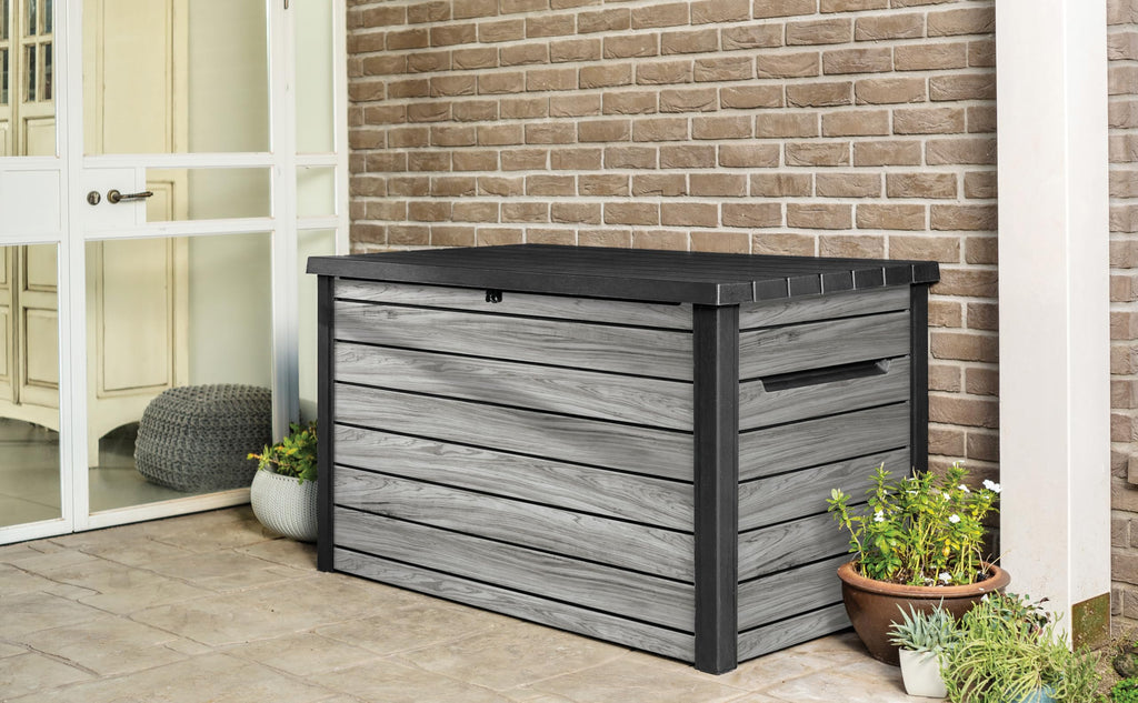 Auflagenbox 870 l aus Kunststoff in Holzoptik mit Belüftung Gasdruckfedern abschließbar 147 x 83 x 86 cm