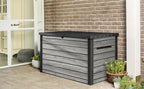 Auflagenbox 870 l aus Kunststoff in Holzoptik mit Belüftung Gasdruckfedern abschließbar 147 x 83 x 86 cm