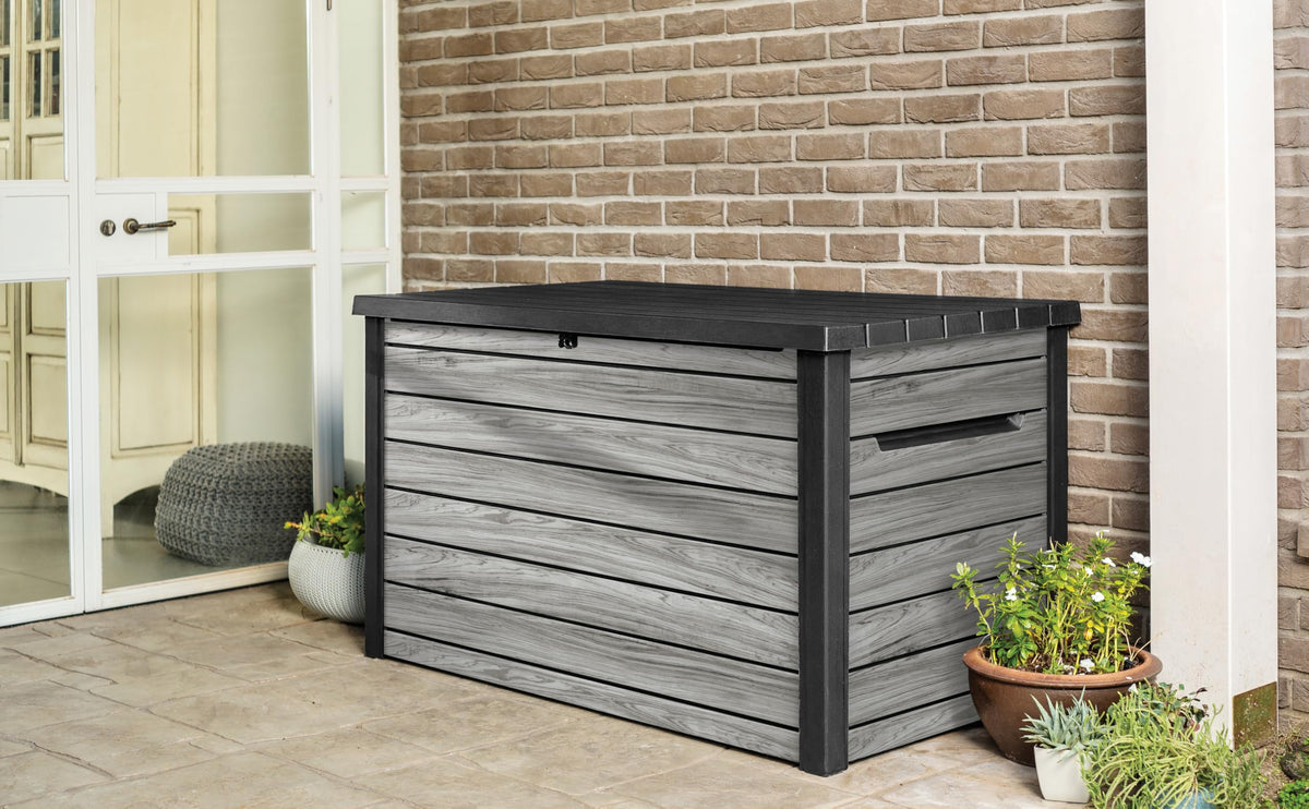 Auflagenbox 870 l aus Kunststoff in Holzoptik mit Belüftung Gasdruckfedern abschließbar 147 x 83 x 86 cm
