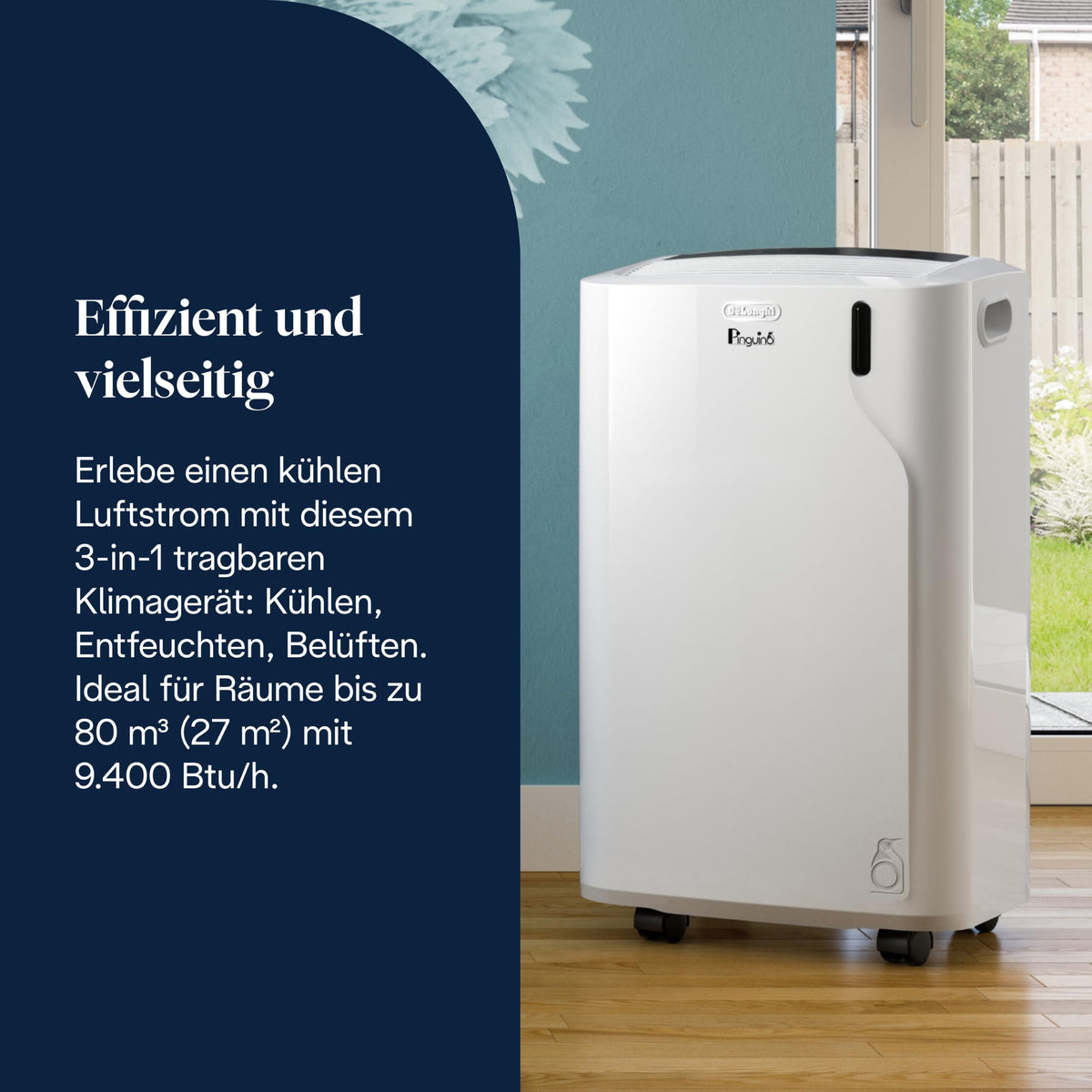 Mobiles Klimagerät Pinguino PAC EM82, 3-in-1 mit Luftentfeuchter und Ventilator, für Räume bis 27 m², 9400 BTU, Energieeffizienzklasse A, mit