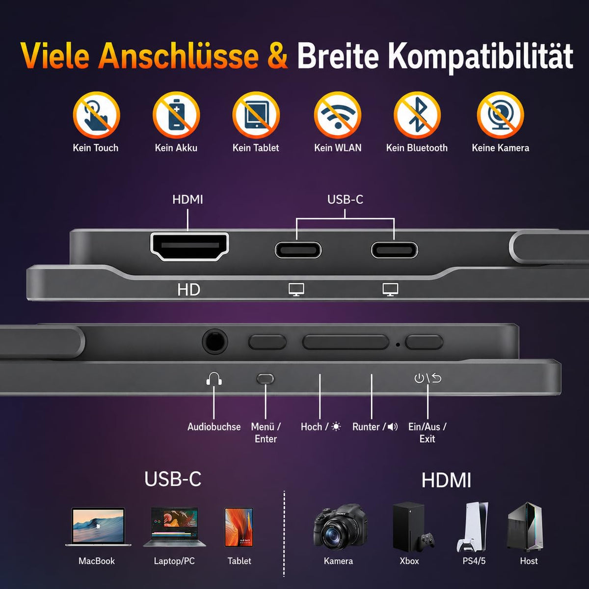 18,5 Zoll Tragbarer Monitor 1080P FHD IPS mit 100 Hz, 120 % sRGB, Lautsprechern, HDMI und USB-C für Laptop, MacBook, Surface, PC, Xbox, PS4/5