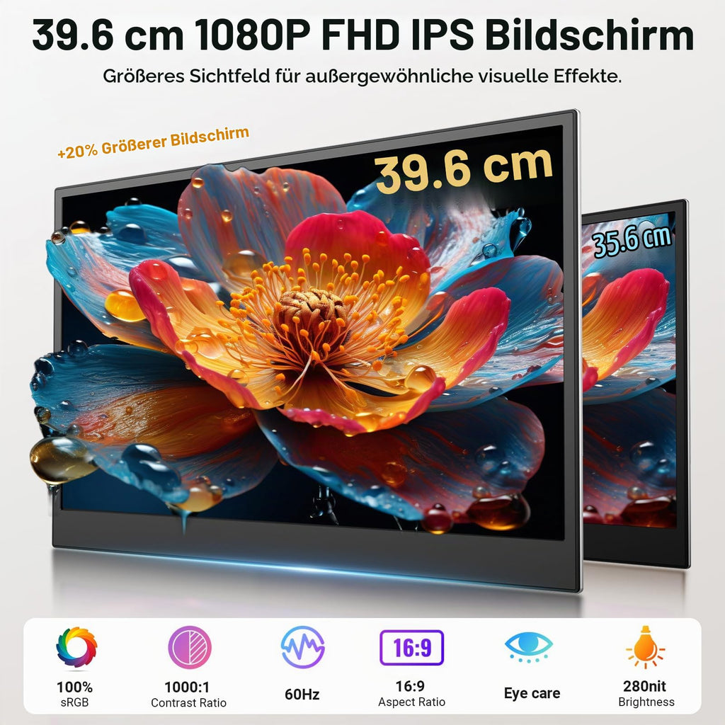 Tragbarer Laptop-Bildschirm 15,6"""" FHD 1080p Dreifach-Monitor für 13–17,3"""" Laptops, USB-C/HDMI Plug & Play mit Tasche