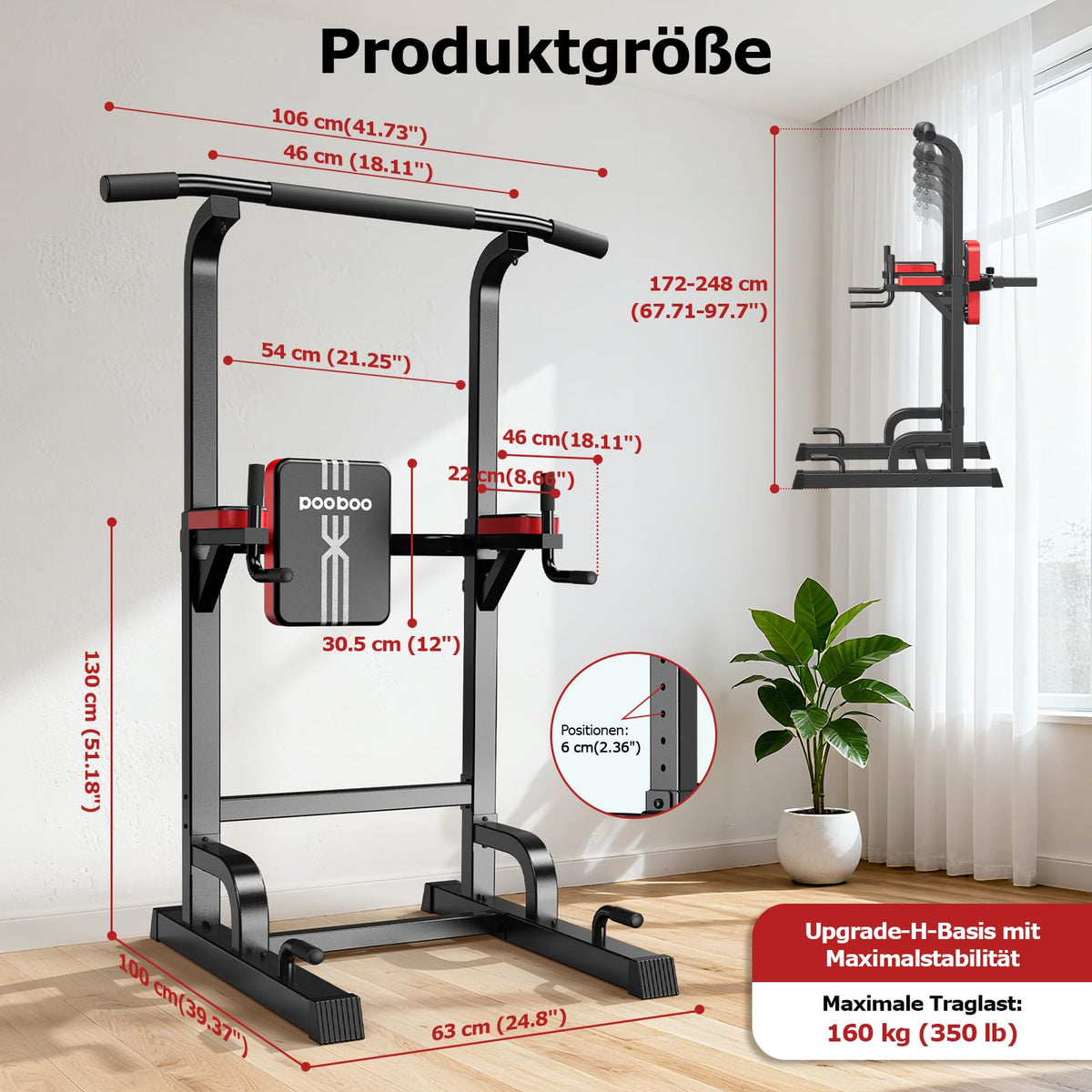 Power Tower Dip-Station mit Klimmzugstange, freistehend, 7-fach höhenverstellbar, bis 200 kg, inkl. Widerstandsband