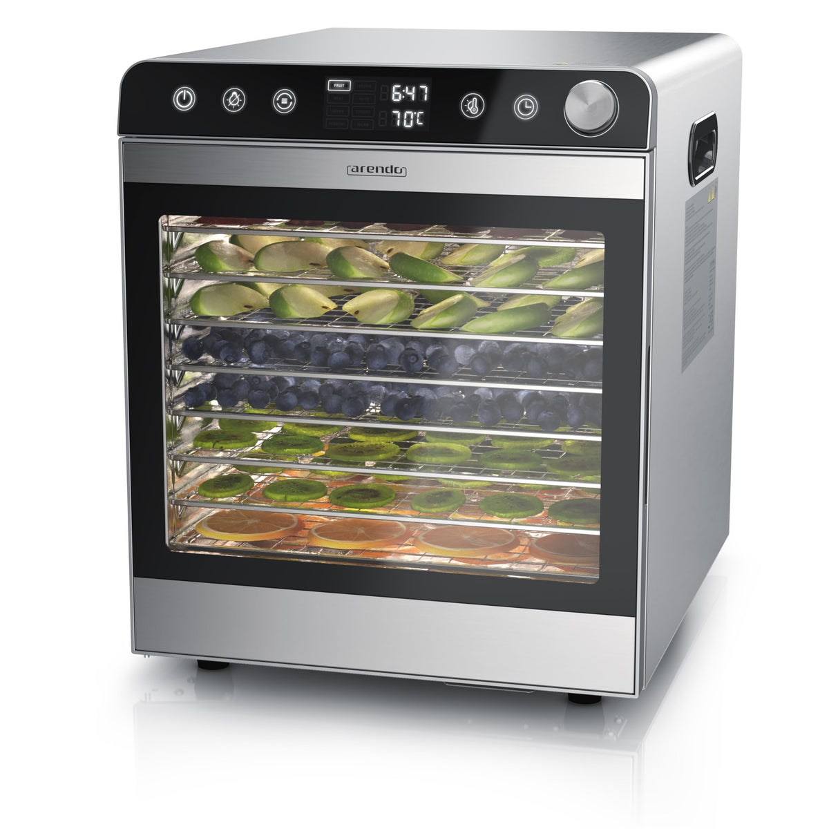Dörrautomat aus Edelstahl mit 10 Gitterrosten, 8400 cm², 800 Watt, 8 Programme, 30-85°C, Timer, BPA-frei