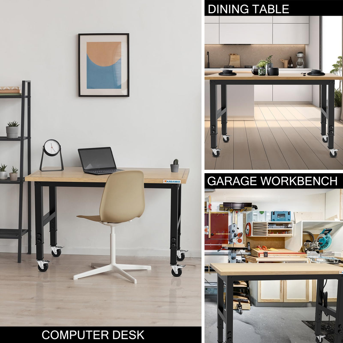 Schwerlast-Werkbank 120 cm aus Gummibaumholz, 5-fach höhenverstellbar von 85 bis 105 cm, mit Steckdosenleiste und USB