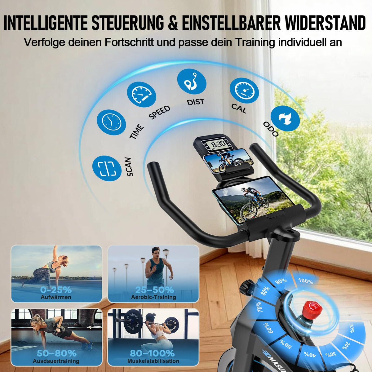 Heimtrainer Fahrrad mit App-Kompatibilität und LCD-Monitor, magnetischer Widerstand, bis 180 kg, Modell 8715C
