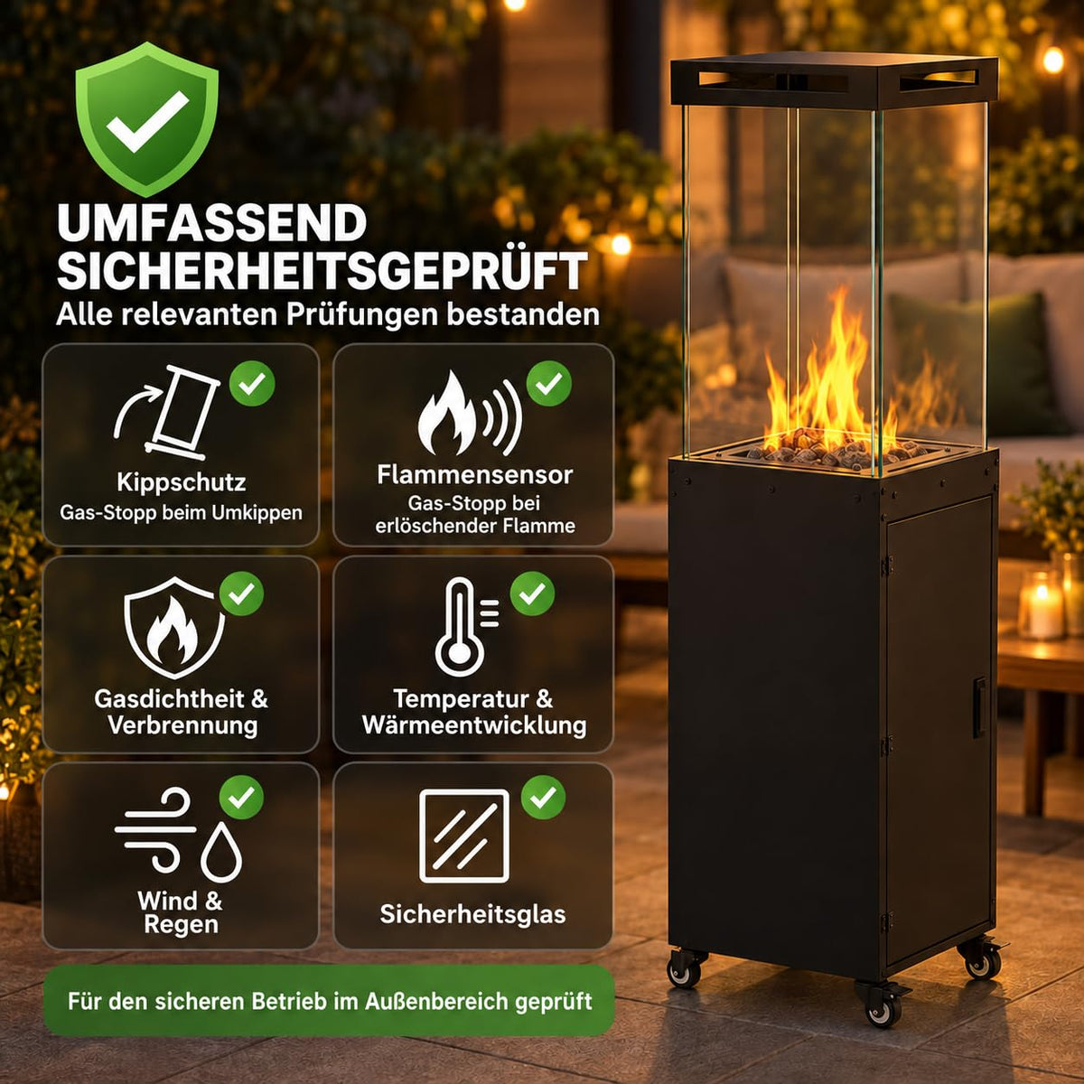 Gas-Terrassenheizer mit Glaszylinder, 8 kW Heizpilz für Terrasse und Garten mit Kippschutz, Flammensensor und Abdeckung, 36 × 36 × 140,5 cm