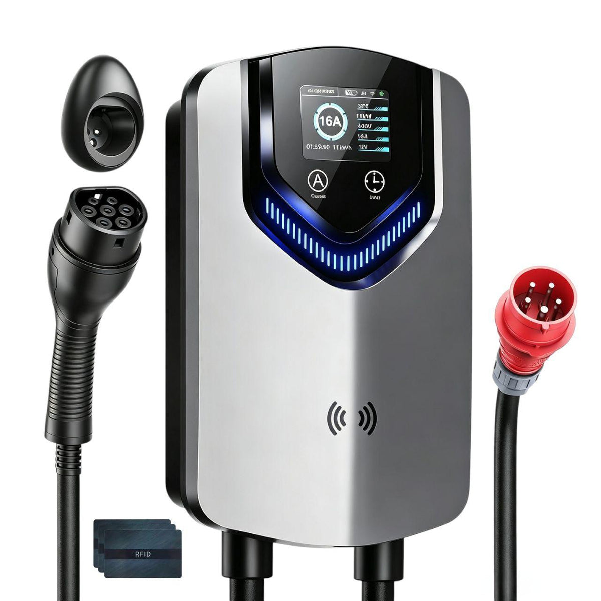 Wallbox 11 kW 400 V 3-phasig mit 8 m Typ-2-Kabel WLAN App-Steuerung RFID und einstellbarem Ladestrom 6–16 A