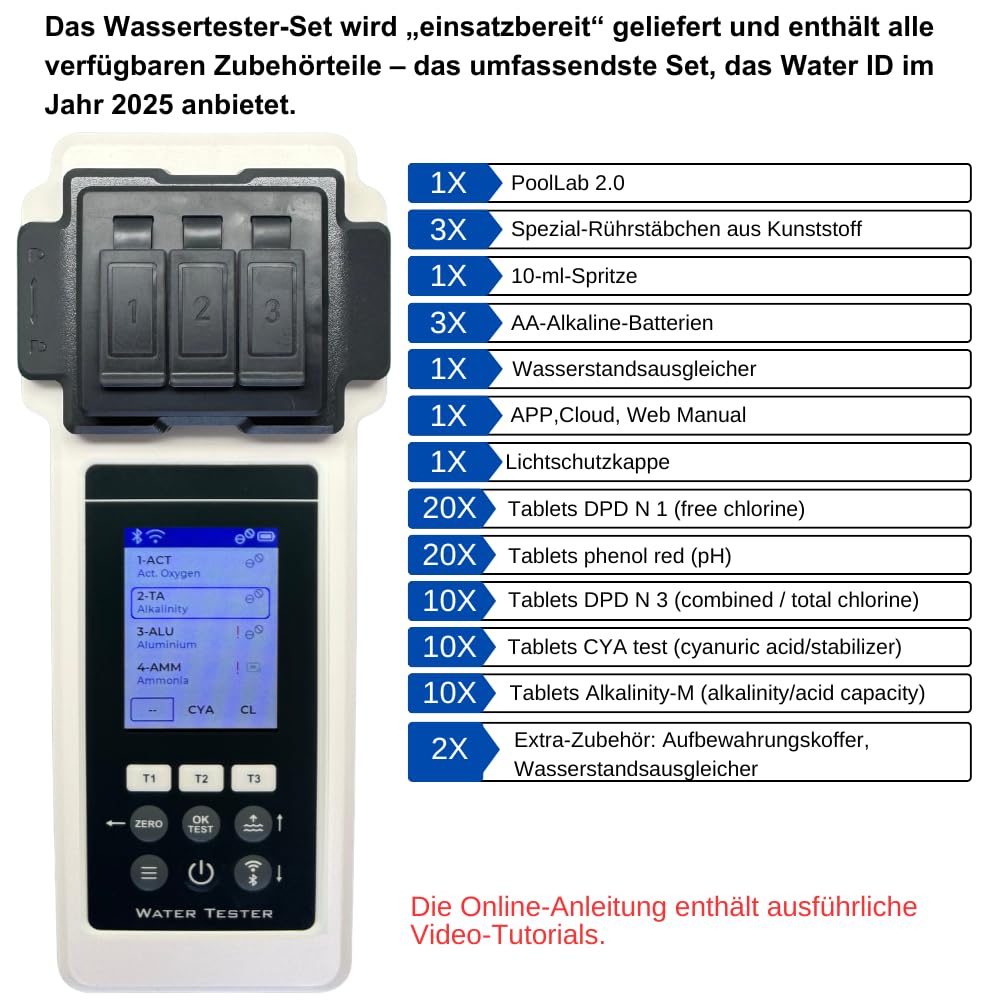 PoolLab 2.0 Wasseranalyse-Set mit Aufbewahrungskoffer und Wasserstandsausgleicher, 27 Parameter, WiFi und Bluetooth