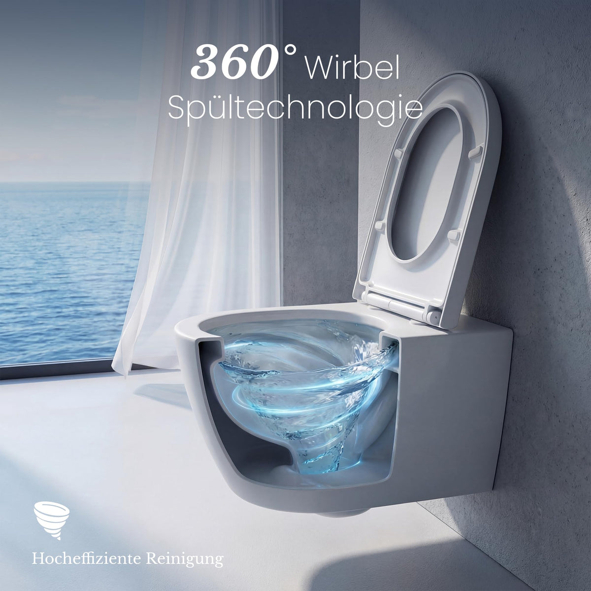 Hänge-WC spülrandlos mit 360° Tornado-Spülung, 3–4,5 l Wasserverbrauch, 58 dB leise und Soft-Close-Absenkautomatik, weiß