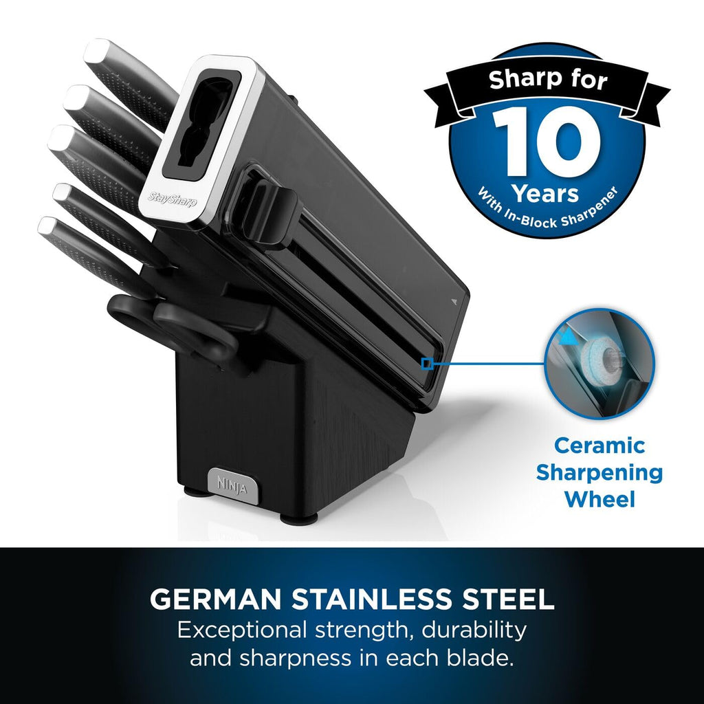 6-teiliges Küchenmesserset aus Edelstahl mit Messerblock und integriertem StaySharp Messerschärfer, Kochmesser, Brotmesser, Schinkenmesser