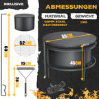 Feuerschale mit Grillrost Ø65 cm aus Stahl mit Rollen Funkenschutz Grillrost Ø52 cm und Feuerhaken 60 cm