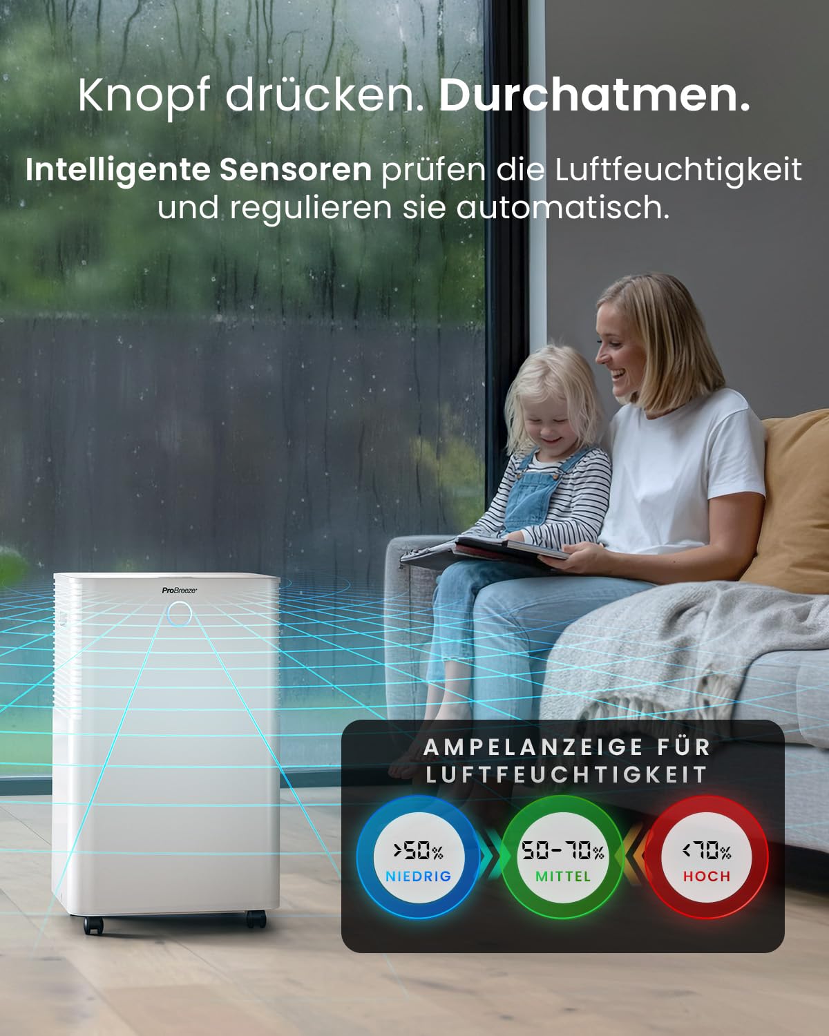 Luftentfeuchter mit WLAN & App, 20 L in 24 h, Wäschemodus, Feuchtigkeitssensor und 4 L Tank, Modell PB-D-24-WF
