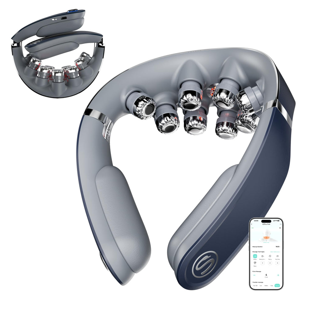 Faltbares Nackenmassagegerät G7 Pro Fold mit Wärme, 9 Vibrationsköpfe, kabellos, 2400-mAh-Akku, grau