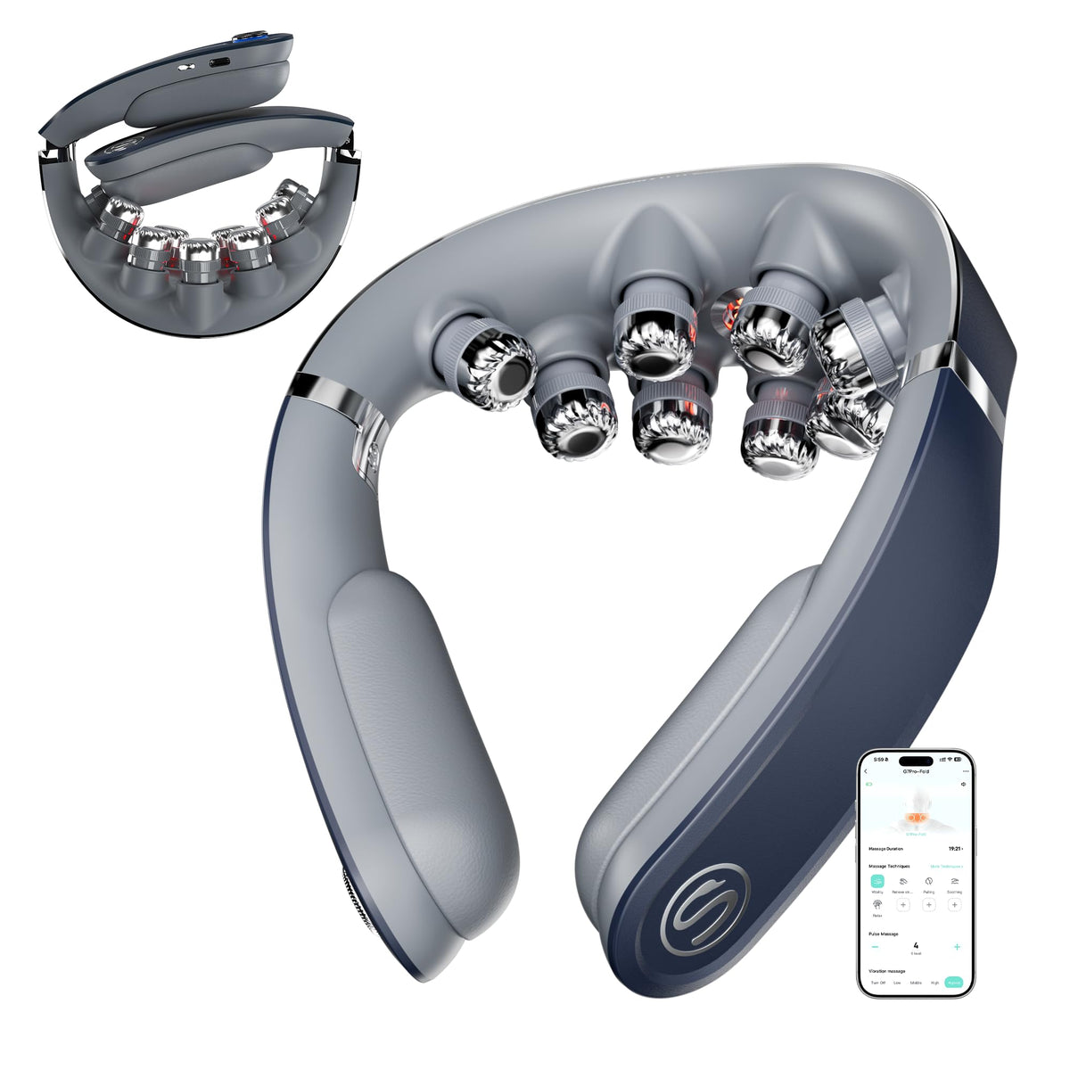 Faltbares Nackenmassagegerät G7 Pro Fold mit Wärme, 9 Vibrationsköpfe, kabellos, 2400-mAh-Akku, grau