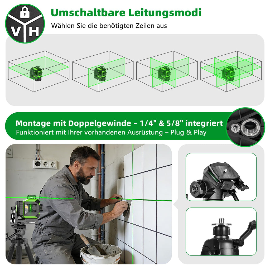 Kreuzlinienlaser 360 Grad mit motorischer Basis, Fernbedienungsempfänger und 5200-mAh-Akku