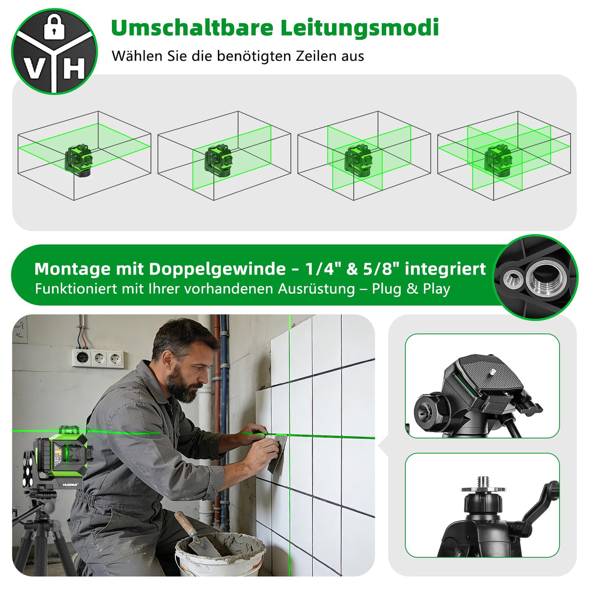 Kreuzlinienlaser 360 Grad mit motorischer Basis, Fernbedienungsempfänger und 5200-mAh-Akku