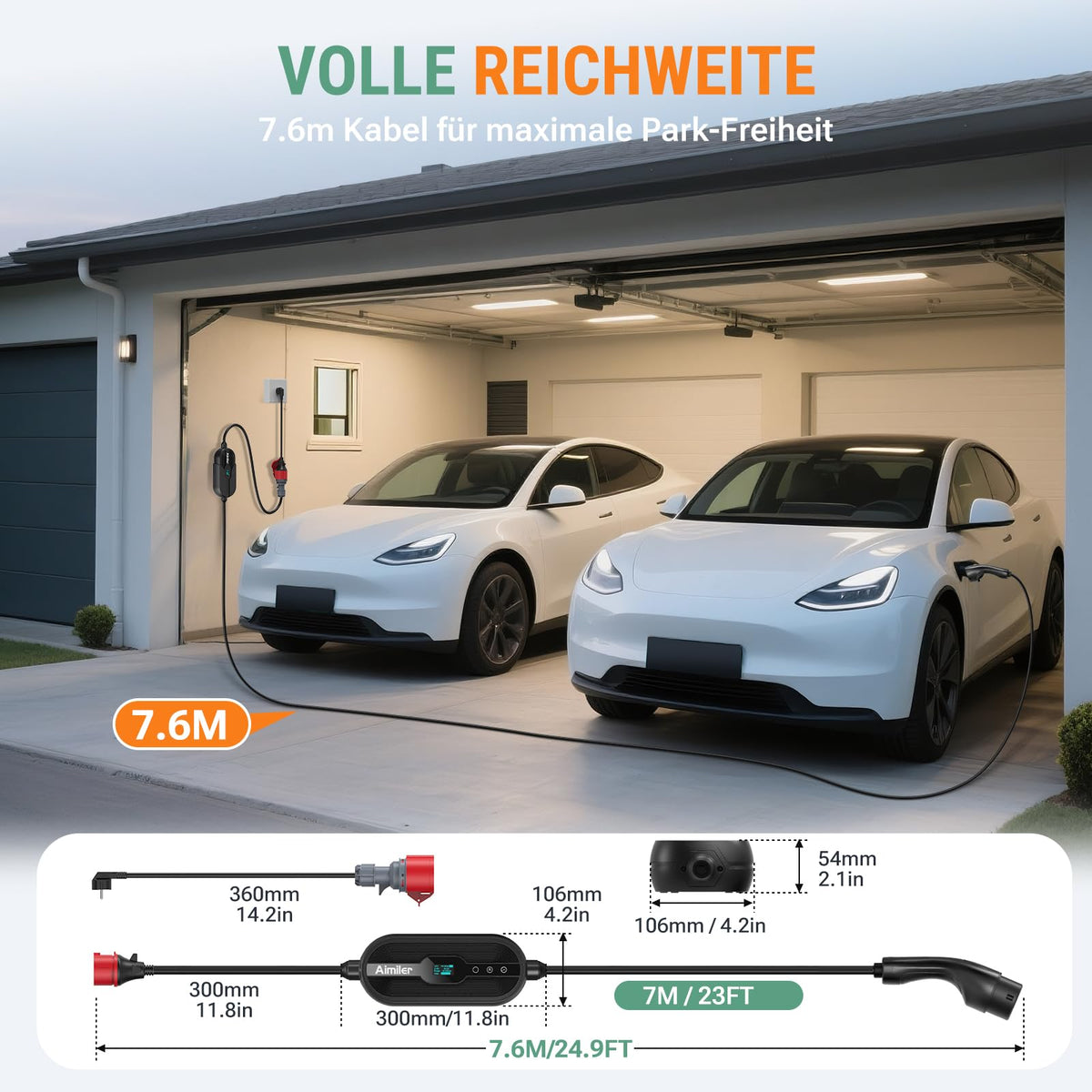 Mobile Wallbox 11 kW mit App-Steuerung, 400 V, 8-16 A, 3-phasig, 7,6 m Typ-2-Ladekabel, IP66, OLED, inkl. Transporttasche und Wandhalterung, schwarz