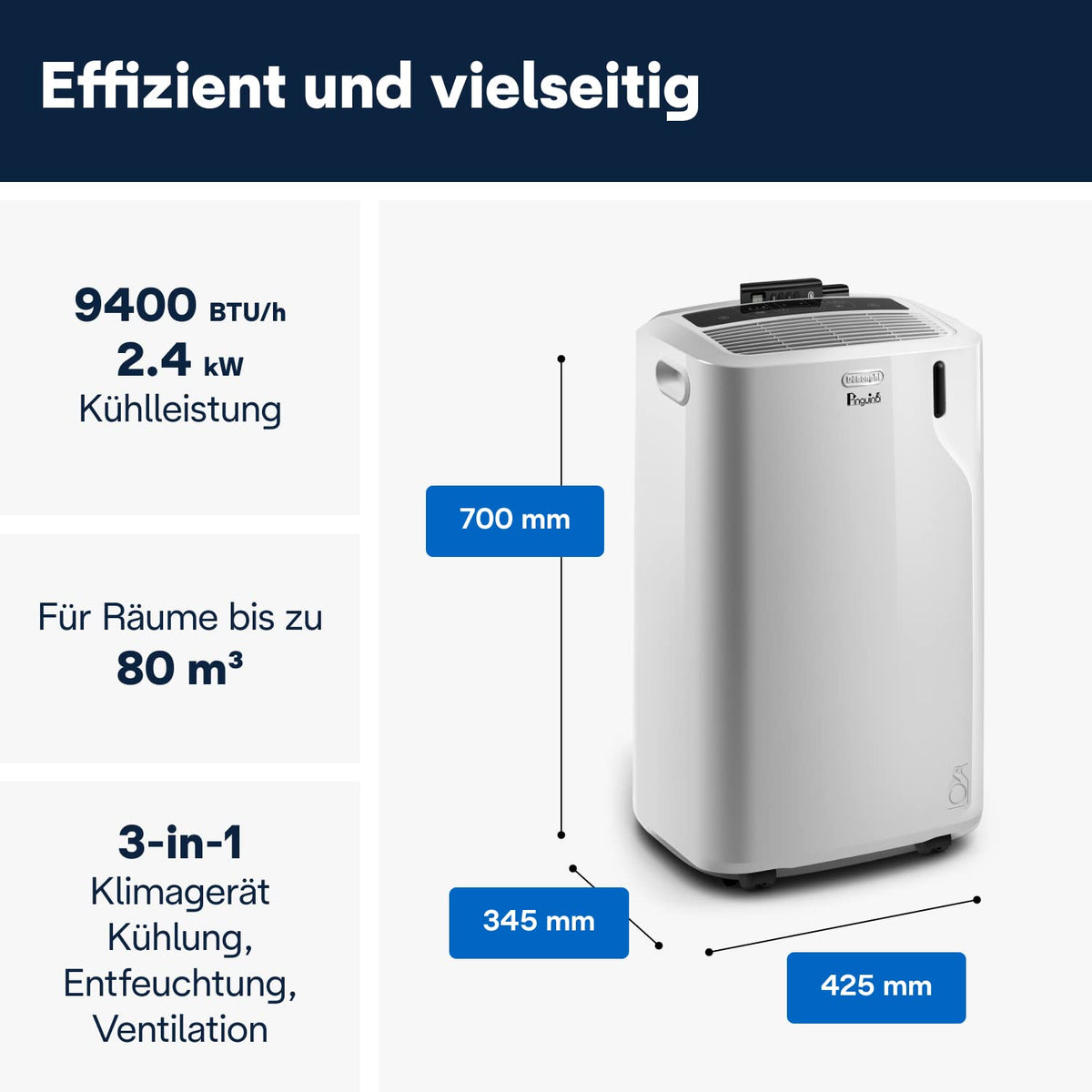 Mobiles Klimagerät Pinguino PAC EM82, 3-in-1 mit Luftentfeuchter und Ventilator, für Räume bis 27 m², 9400 BTU, Energieeffizienzklasse A, mit