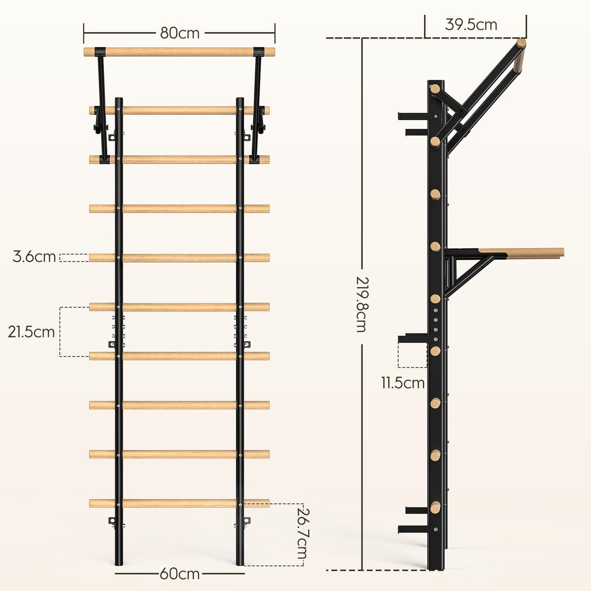 Sprossenwand mit Klimmzugstange und Dip-Barren aus Buchenholz, 220 cm, höhenverstellbar