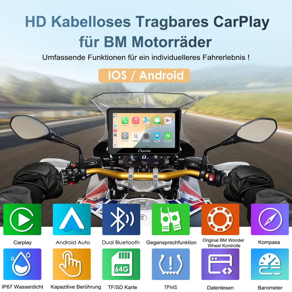 Motorrad CarPlay Display 702BS Pro 7 Zoll 1024 x 600 Wireless CarPlay Android Auto für BMW R1200GS R1250GS S1000XR R1300GS