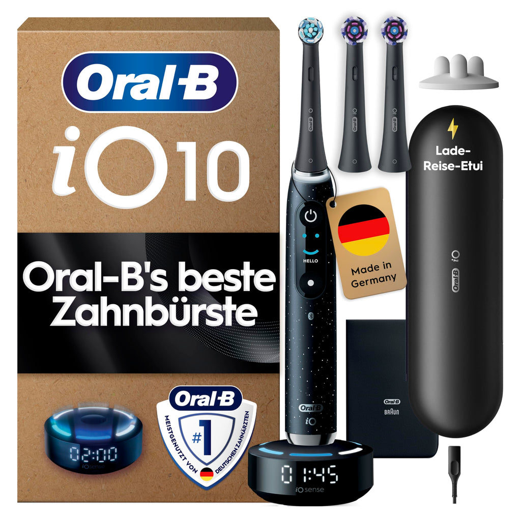 Elektrische Zahnbürste iO Series 10 mit iO Sense Ladestation, 3 Aufsteckbürsten, Lade-Reise-Etui und 7 Putzmodi in Cosmic Black