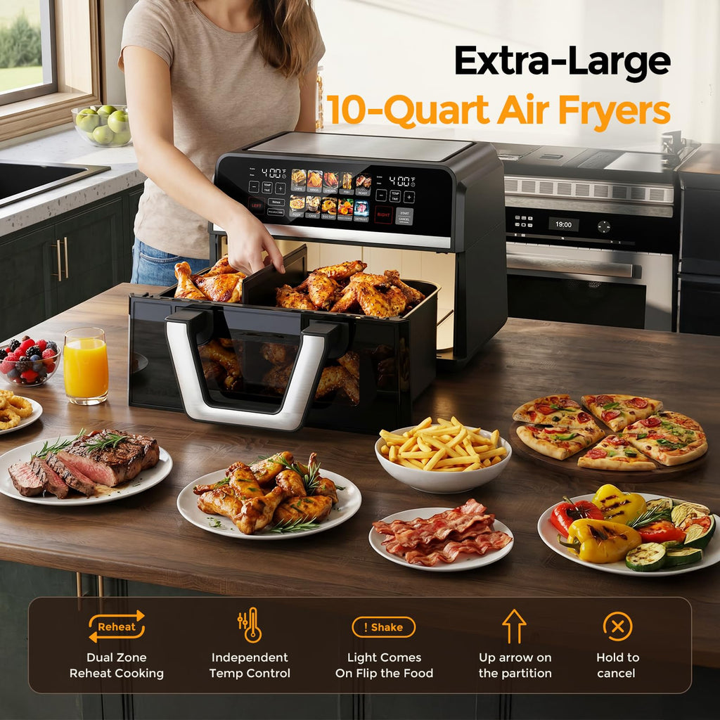 10-in-1 Heißluftfritteuse 10 L mit Dual-Zone, 2500 W, 360° Kochfenster, Farb-Touchscreen, spülmaschinenfeste Teile