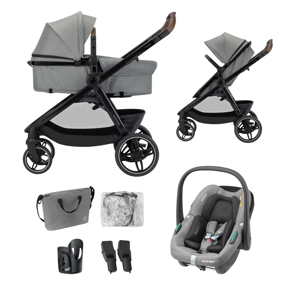 3-in-1 Kinderwagen Zelia Select mit Babyschale CabrioFix S i-Size, 0–22 kg, inkl. Wickeltasche und Regenverdeck, Grau