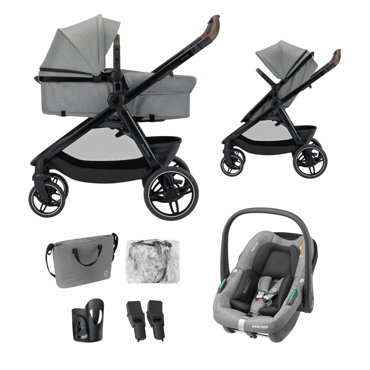 3-in-1 Kinderwagen Zelia Select mit Babyschale CabrioFix S i-Size, 0–22 kg, inkl. Wickeltasche und Regenverdeck, Grau