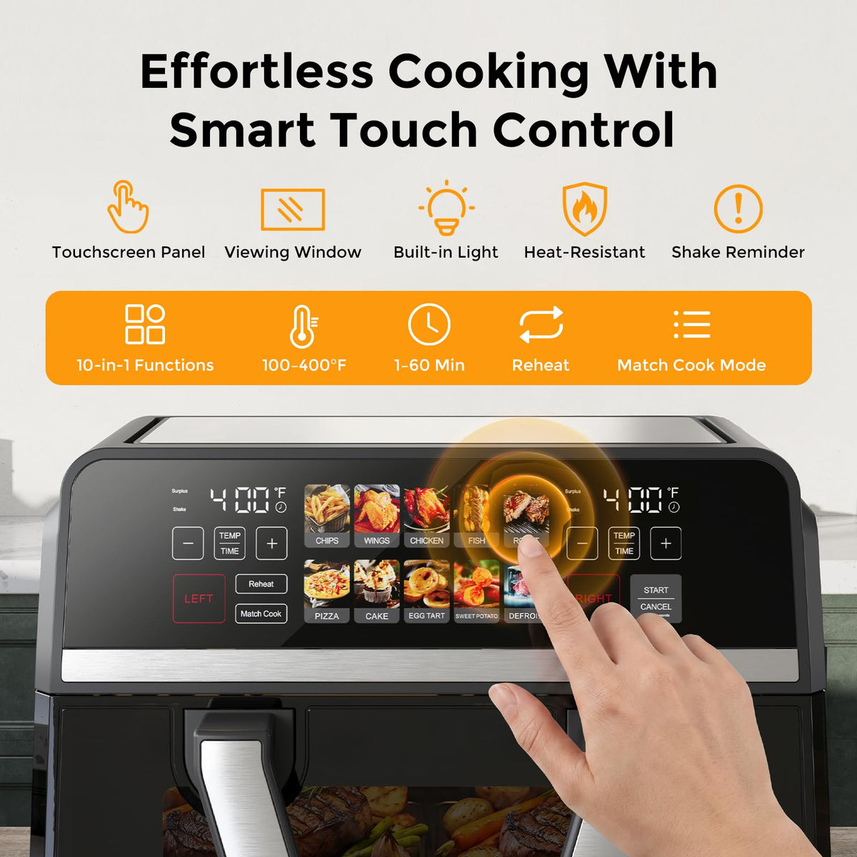 10-in-1 Heißluftfritteuse 10 L mit Dual-Zone, 2500 W, 360° Kochfenster, Farb-Touchscreen, spülmaschinenfeste Teile