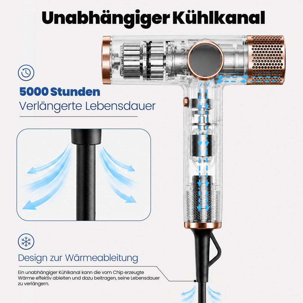 Haartrockner mit bürstenlosem 110.000-RPM-Motor, 1800 W, 330 g, Ionentechnologie, 12 Modi, LED-Display und 3 magnetischen Düsen in Schwarz-Gold