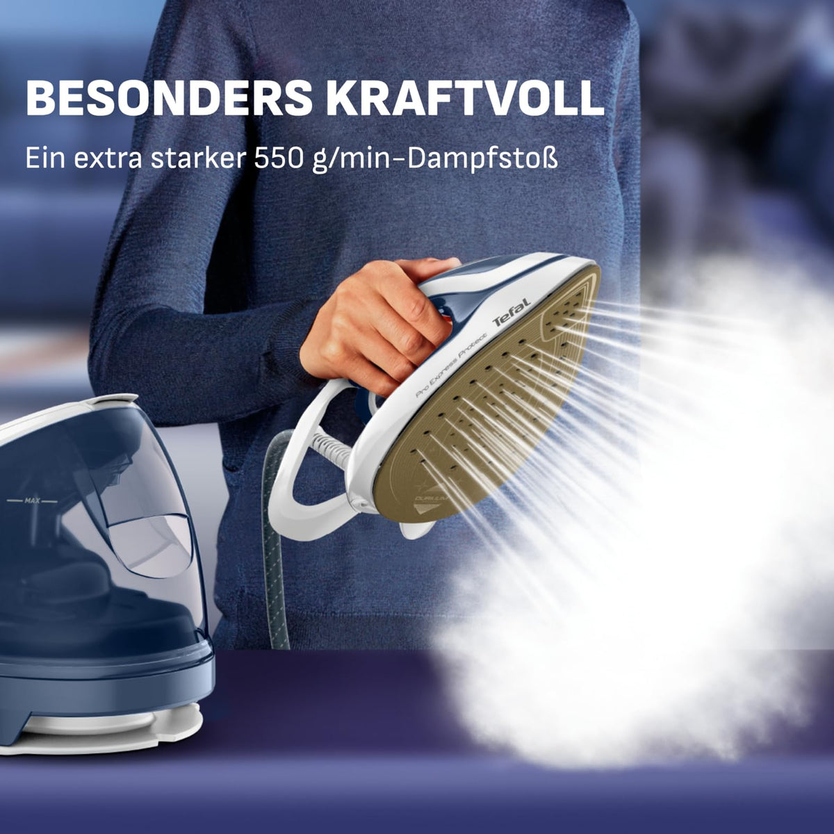 Dampfbügelstation mit 7,6 Bar Dampfdruck, 2200 Watt, 140 g/min Dampfleistung und 550 g/min Dampfstoß, abnehmbarer Wassertank