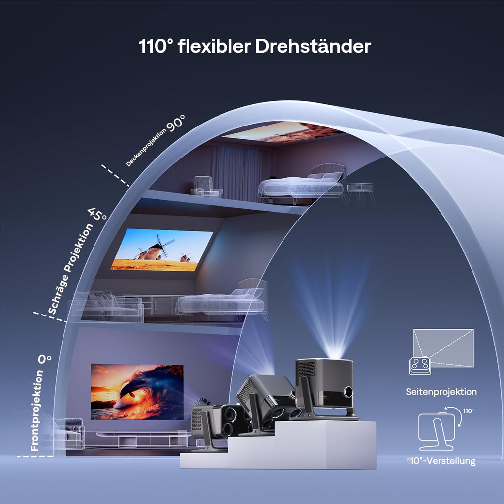 Tragbarer Smart Beamer mit Google TV, 1080p, 4K unterstützt, 500 ANSI Lumen und 20-W-Dolby-Audio
