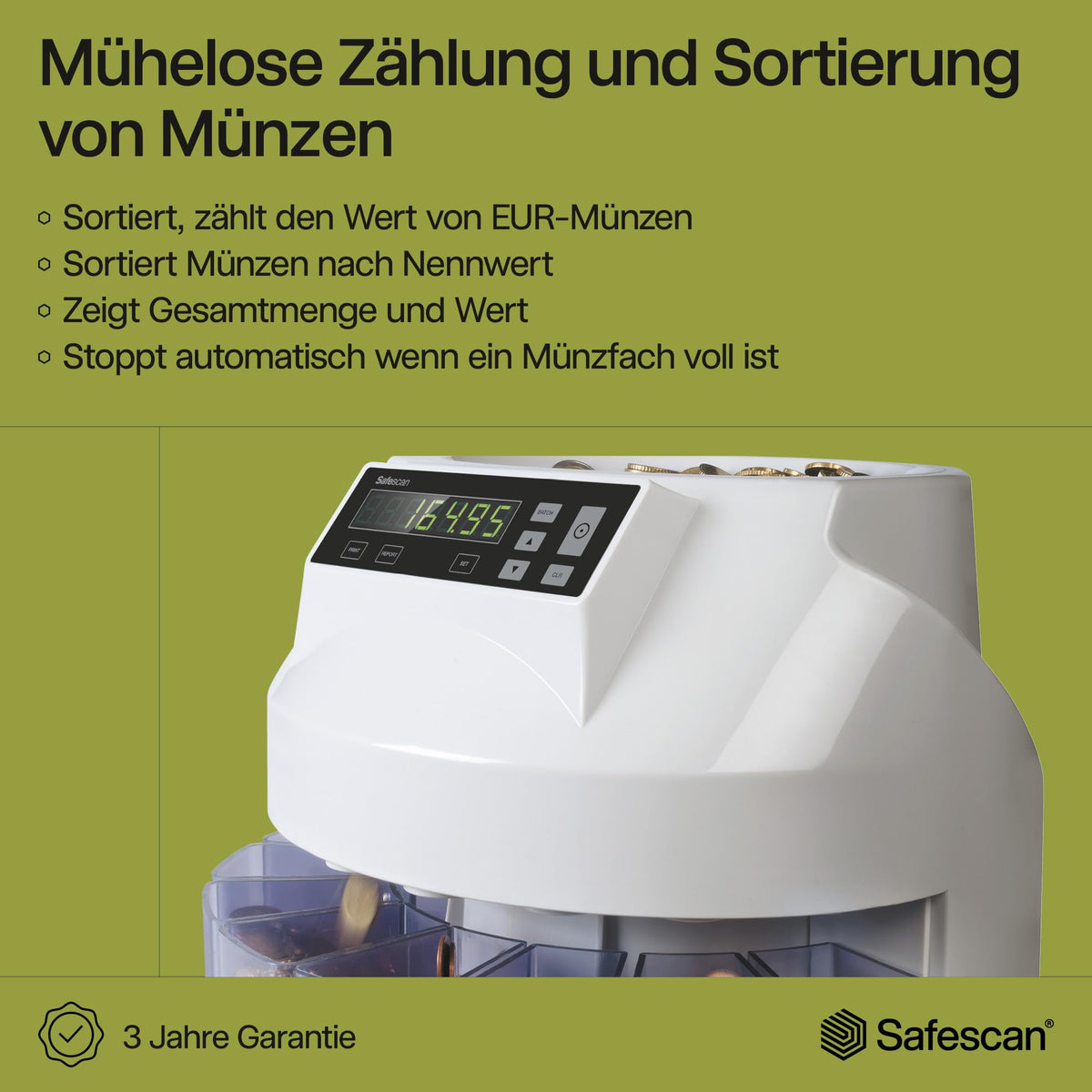 Münzzähler und Sortierer für Euro-Münzen 1250 mit Stapel- und Münzrollen-Funktion automatischer Stopp bei vollem Münzbehälter