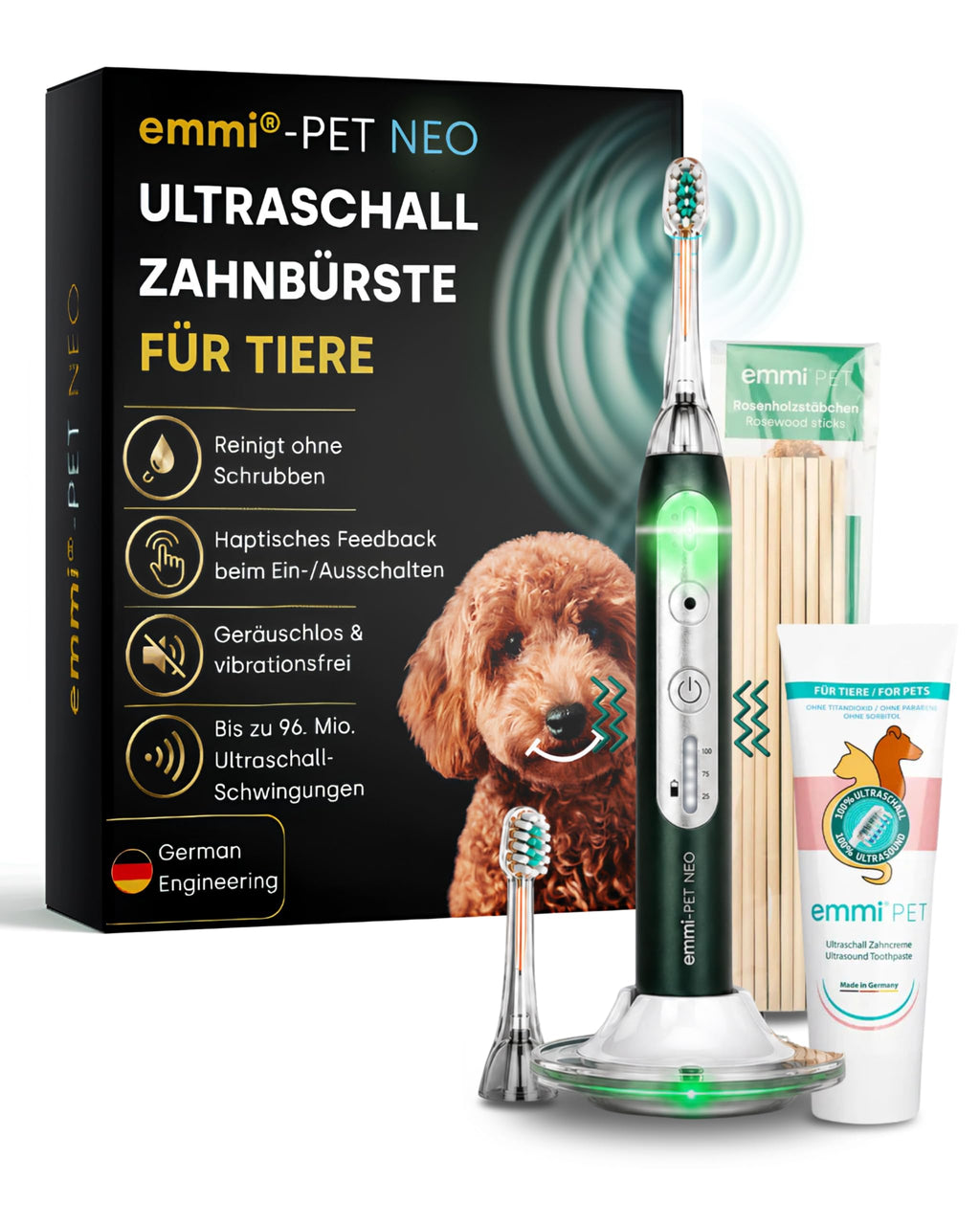 Ultraschall-Zahnbürste für Hunde mit 3 Reinigungsmodi, geräuschlos und vibrationsfrei, 14 Tage Akkulaufzeit, Set mit 2 Aufsätzen, Zahnpasta und