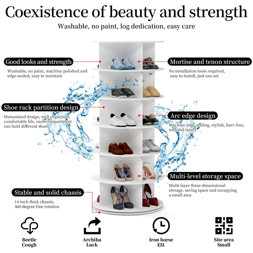 Drehbares Schuhregal 7 Etagen 360 Grad rund 28 Fächer aus PVC für Schuhe Taschen und Accessoires platzsparend Weiß