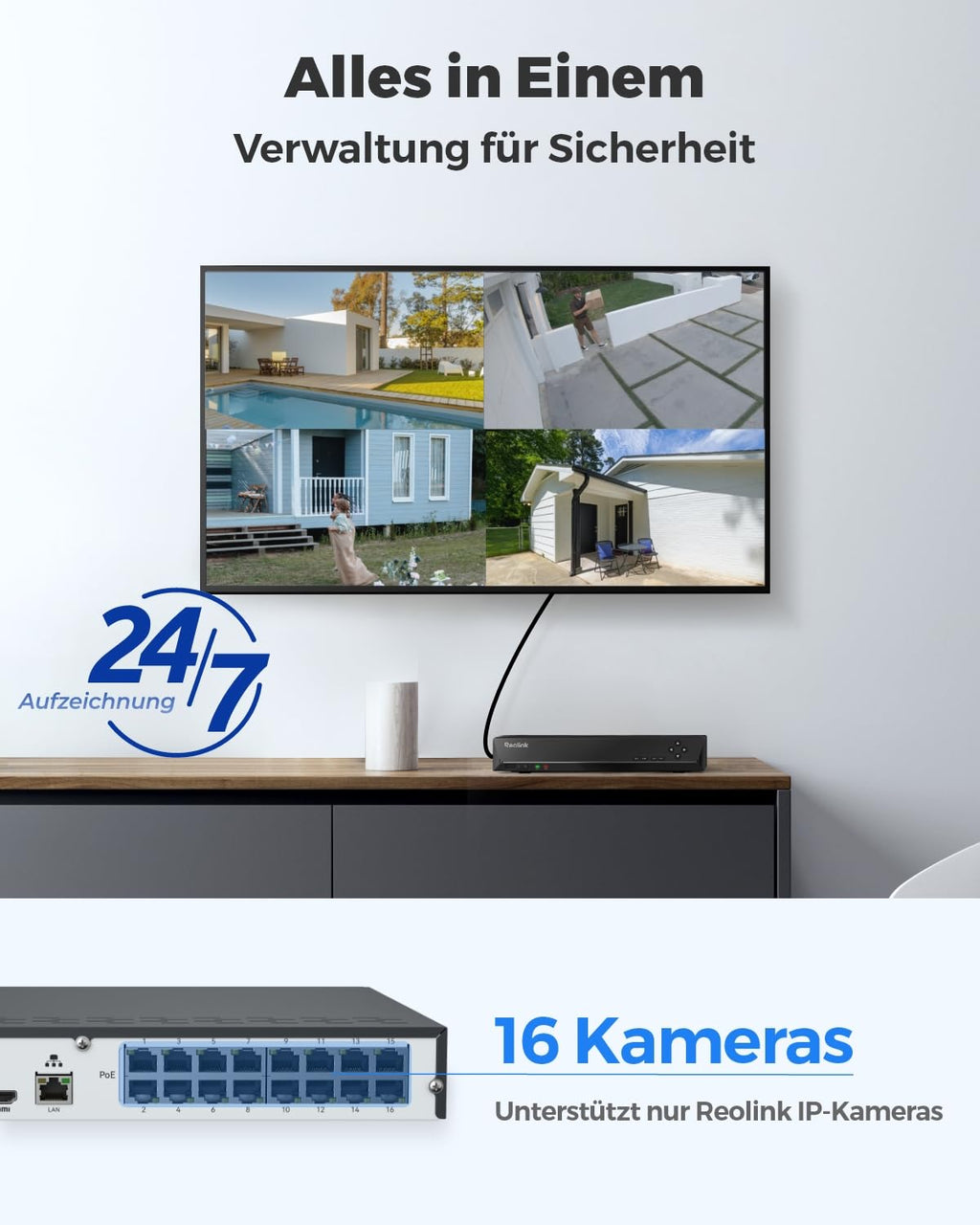 16-Kanal-PoE-NVR Überwachungsrekorder mit 4TB HDD, 16 PoE-Ports und bis zu 16TB Speicher