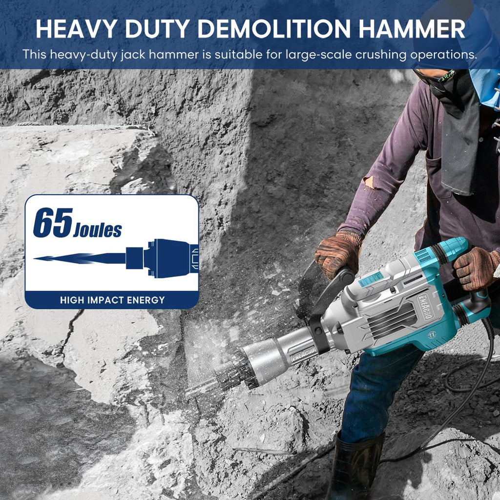 Abbruchhammer 1700 W SDS-Hex Stemmhammer mit 65 Joule, Anti-Vibrationshandgriff sowie 2 Meißeln und Transportbox mit Rollen