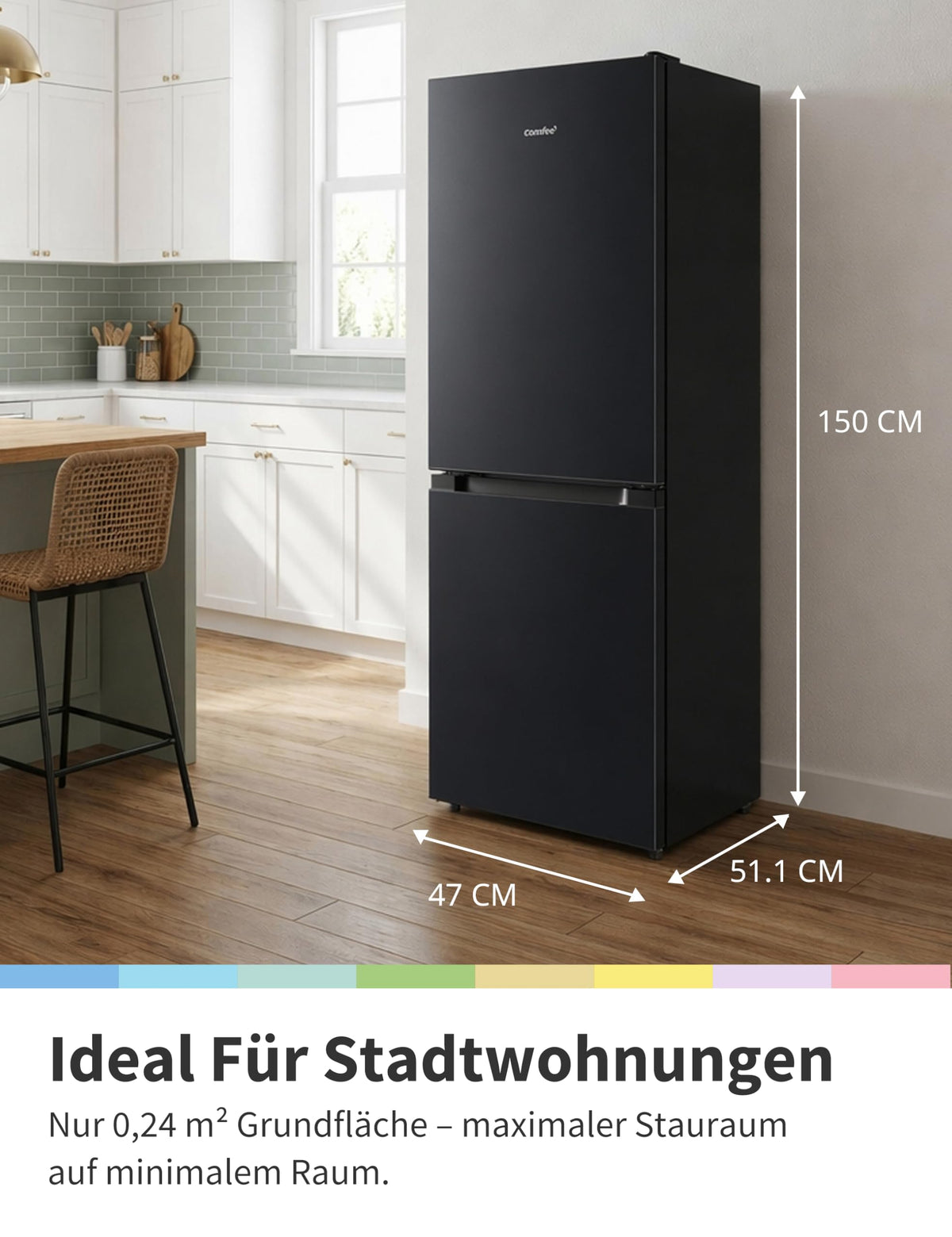 Kühl-Gefrierkombination 174 L, 150 cm hoch, Low Frost, 39 dB, mit 115 L Kühlteil und 59 L Gefrierteil, Schwarz