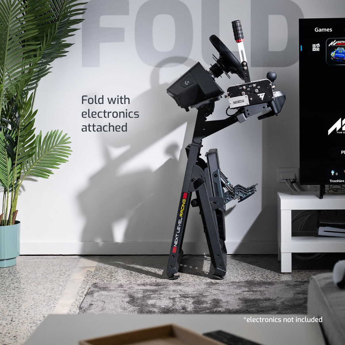 Lenkradständer Wheel Stand 2.0 mit Gaming-Sitz-Schale, zusammenklappbar, kompatibel mit Logitech, Thrustmaster und Fanatec