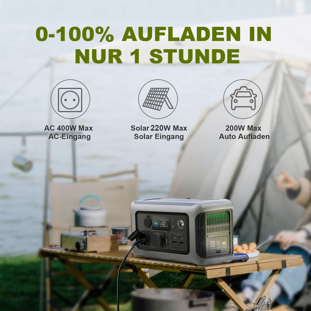 Tragbare Powerstation 299Wh mit 100W Solarpanel, 600W LiFePO4 Solargenerator R600