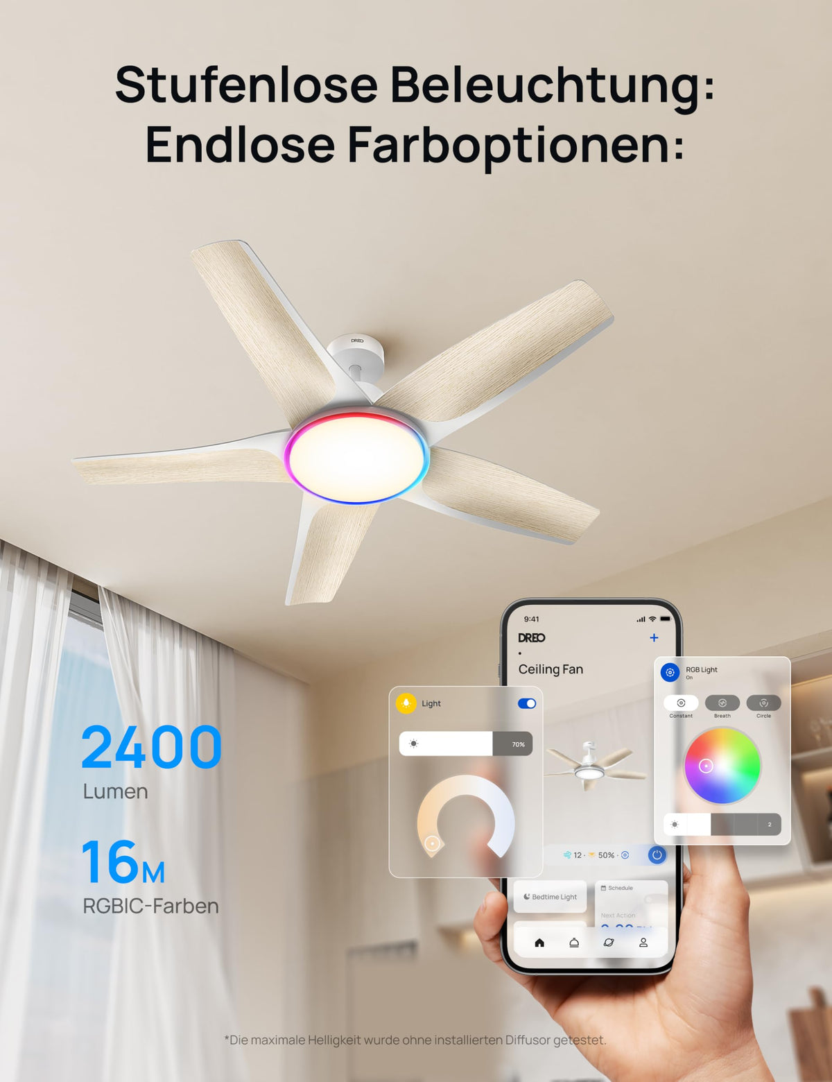 Deckenventilator mit Licht 132 cm dimmbare LED RGB-Ambientlicht DC-Motor App- und Alexa-Steuerung