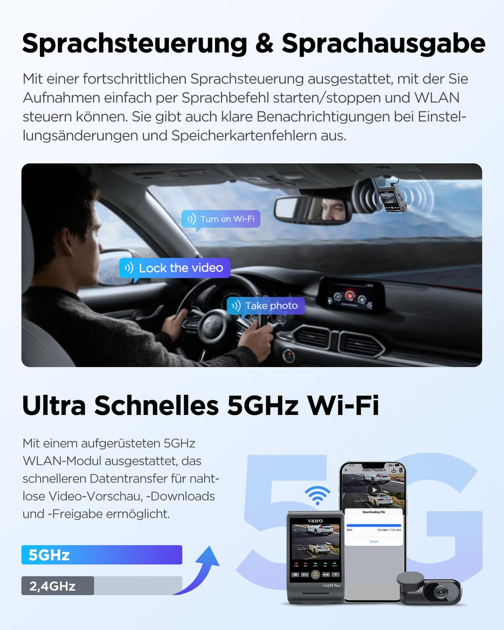 Dashcam A229 Plus 2CH Dual 2K HDR STARVIS 2 5 GHz WLAN GPS Sprachsteuerung 140° Sichtfeld