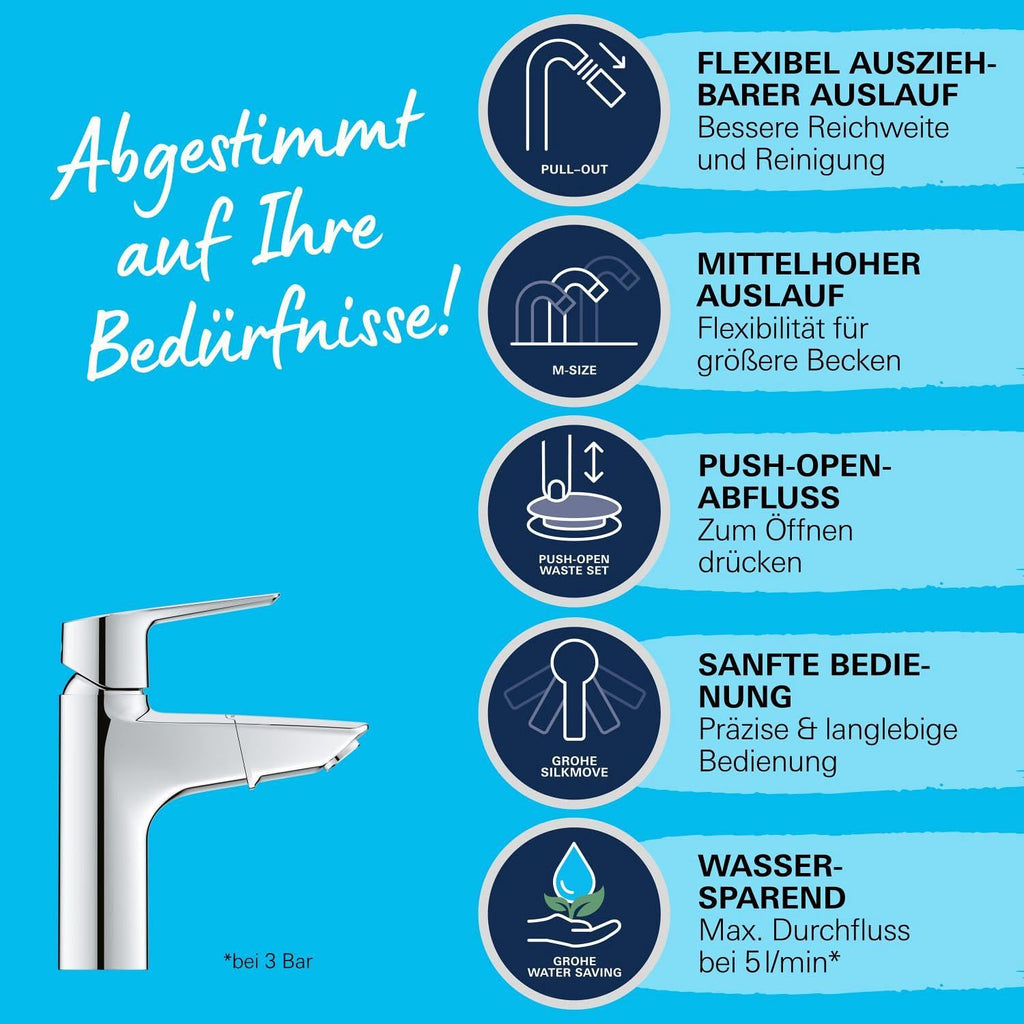 Waschtischarmatur mit herausziehbarem Wasserhahn, wassersparend, mit Pop-Up Ablauf und 3in1 Werkzeug, chrom, 24205003