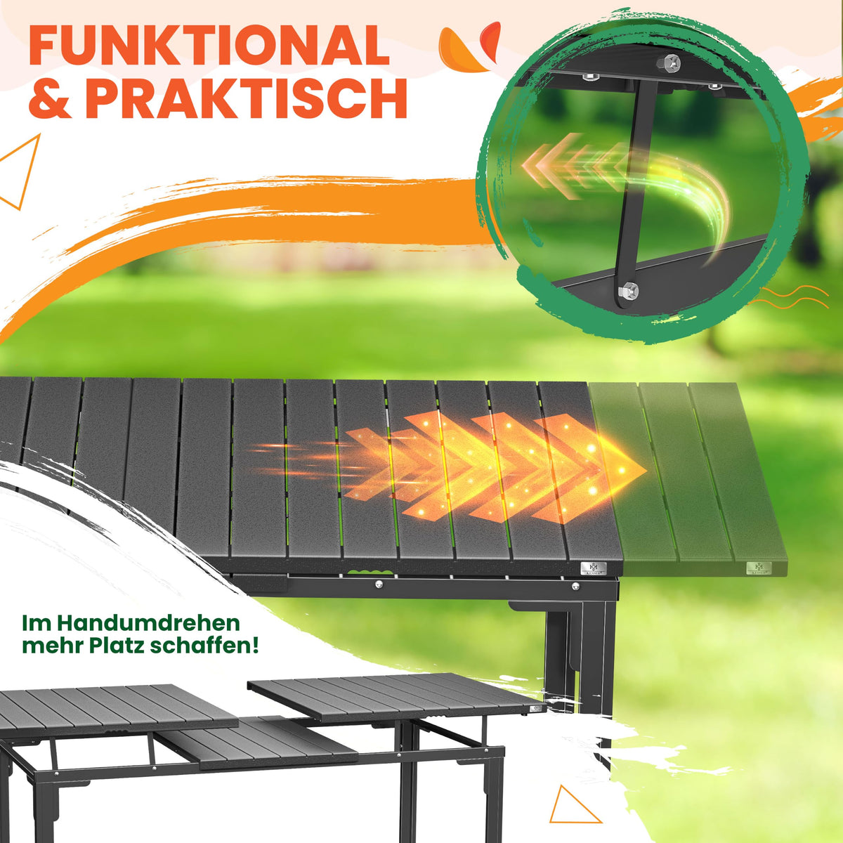 Ausziehbarer Gartentisch 180 bis 240 x 90 cm für 6 bis 8 Personen mit Stahlgestell und HDPE-Tischplatte