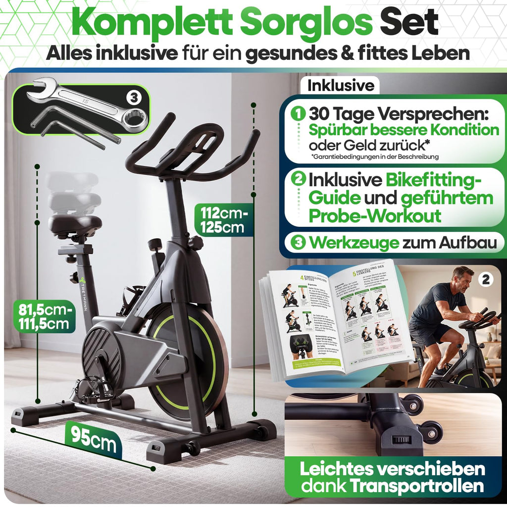 Heimtrainer Fahrrad bis 200 kg belastbar mit App, verstellbarem Sitz und Magnetbremse