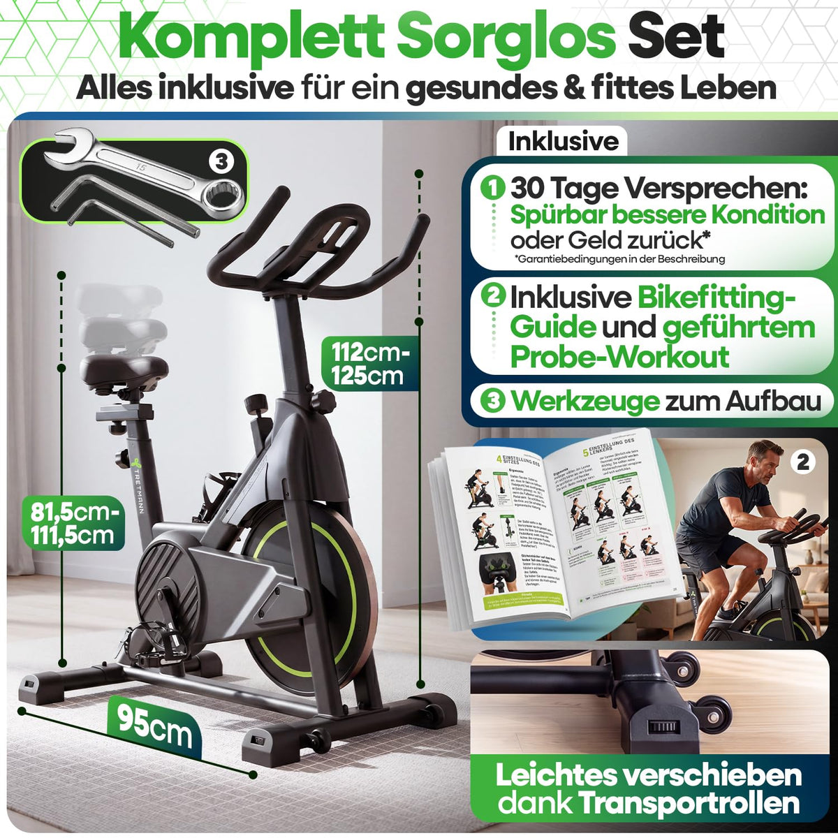 Heimtrainer Fahrrad bis 200 kg belastbar mit App, verstellbarem Sitz und Magnetbremse
